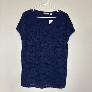 SUSAN GRAVER NEW VNeck Blouse Navy Short/No Sleeve Lace Boxy Stretch Size Large